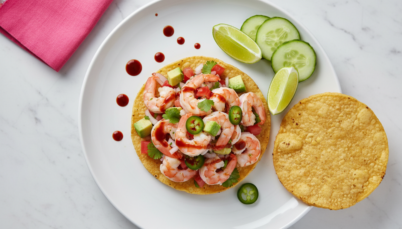Ceviche de camarón en tostada